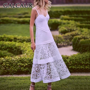 

GALCAUR Pactwhork Lace Hollow Out Dress Women V Neck Spaghetti Strap High Waist Slim Maxi Dresses Female Sexy 2020 New Clothes