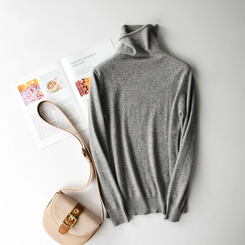 Solid color high collar cashmere sweater female short section long sleeve pullover sweater bottoming 19 autumn and winter new - Цвет: White gray