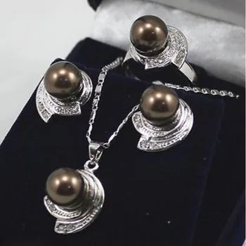 

Rare 8mm Black South Sea Shell Pearl Earrings Ring & Necklace Pendant Jewel Set