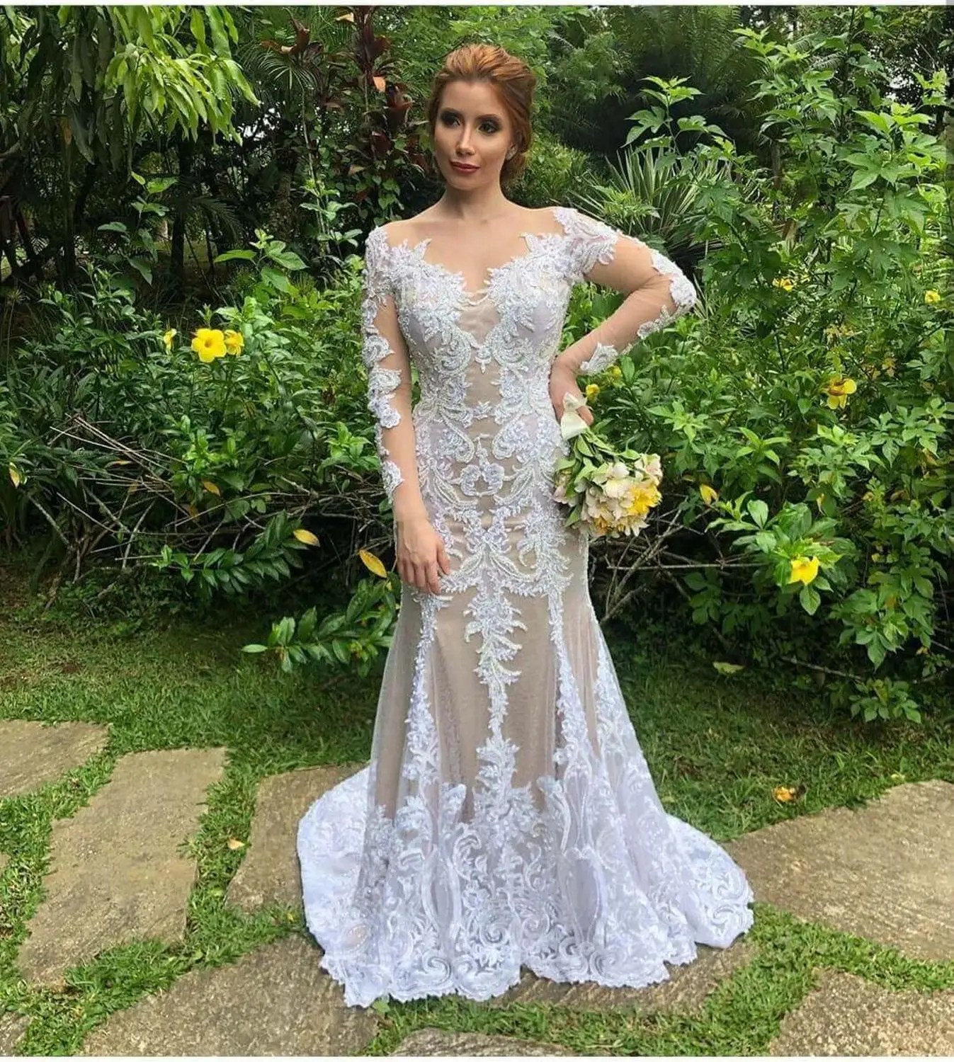 Vestidos De Novia роскошное Кружевное Свадебное Платье Иллюзия длинный рукав пуговицы Длинные свадебные платья с юбкой robe de mariage