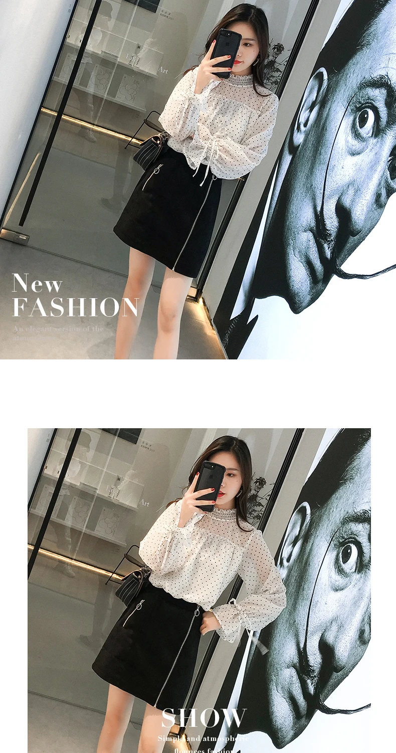 Blusas mujer de moda точка белая шифоновая блуза для женщин топы с длинным рукавом Женские рубашки топ женские топы и блузки B776