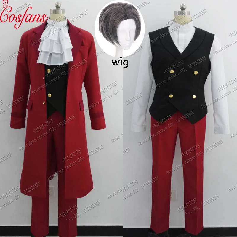 6PCS Ace Attorney Miles Edgeworth Red Suit Outfit men Cosplay Costume Full Set Halloween Cosplay