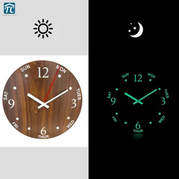 

12 Inch Wooden Luminous Wall Clock Silent Night Lights Nordic Living Room Week Display Simple Quartz Modern Brief Digital Number