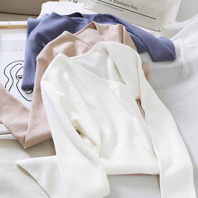 

Taotrees Spring and Autumn Solid Color V-neck Sexy Knitted Turtleneck Bottom Long-sleeved Women Knit Sweater