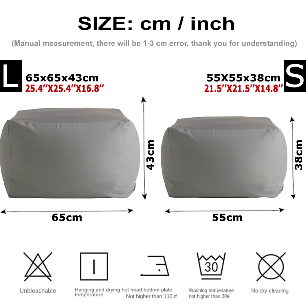 55/65cm Large Square Bean Bag Chair Sofa Pouf Ottoman Slipcover No Filler Adults Baby Kids Recliner Stool Footrest