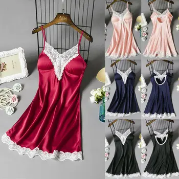 

Fashion Nightdress Silk Robe Sexy Women's Nightgown V-neck Sleepwear Lace Night Dress Lingerie For Female Homewear
