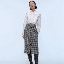 Новинка, юбка в ломаную клетку, женская элегантная юбка с высокой талией и поясом, прямая решетка, Длинные пуговицы для юбки, Осень-зима