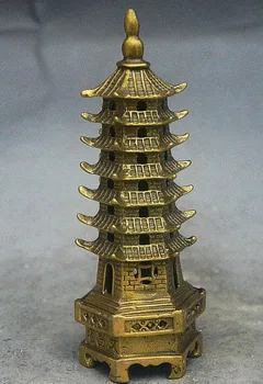 

5" Chinese Buddhism Brass Copper 7 Floor WenChang Tower Stupa Pagoda Statue