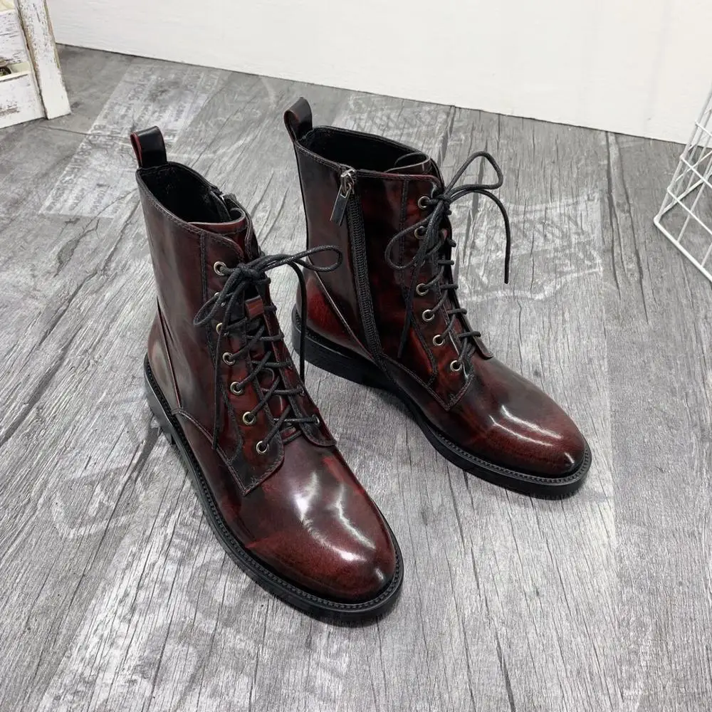 

Vibsterimma High Quality Le Lace Up Motorcycle Boots Women Genuine Leather Ankle Boots Flat Booties