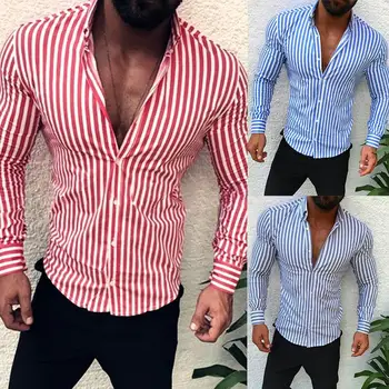 

Men Casual Turn Down Collar Long Sleeve Vertical Stripes Slim Button Shirt
