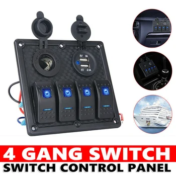 

4 Gang Rocker Switch Panel Power Socket 3.1A LED Dual USB Wiring Kits and Decal Sticker Labels DC12V 24V for Marine Boat Car