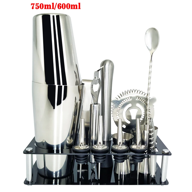 13Pc 750 600ml Rack Барный коктейль-шейкер из нержавеющей стали 750 мл/600 мл, набор барной посуды, набор шейкеров с деревянной стойкой, аксессуары для бара, домашние бары - Цвет: 13Pc 750 600ml Rack