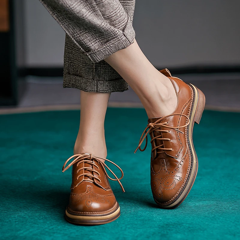 Women Genuine Leather Oxfords Shoes Hand-made Leisure Lace-up Brogues Wingtips Shoes for Ladies Autumn Flat shoes