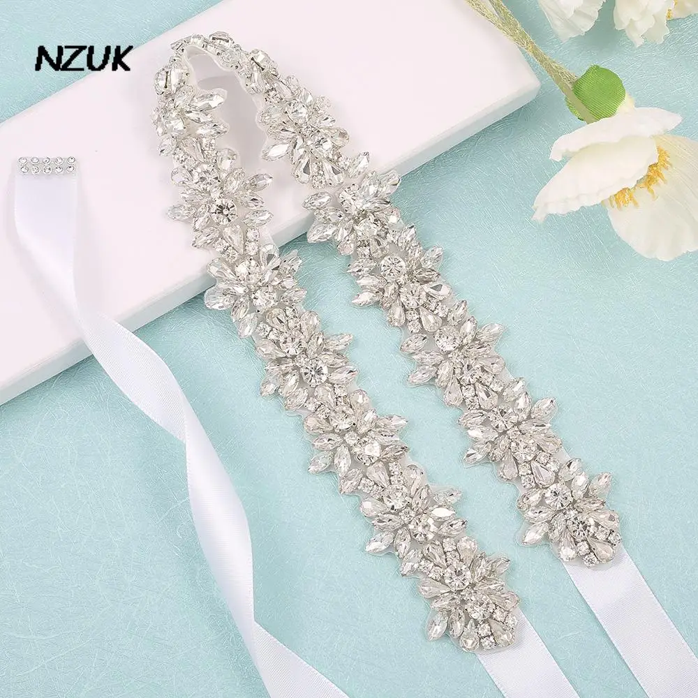 

NZUK Bling Bride Belt Handmde Diamond Sash Rhinestone Appliques with Ribbon Belt Women's Evening Dress Belt cinturon marroqui