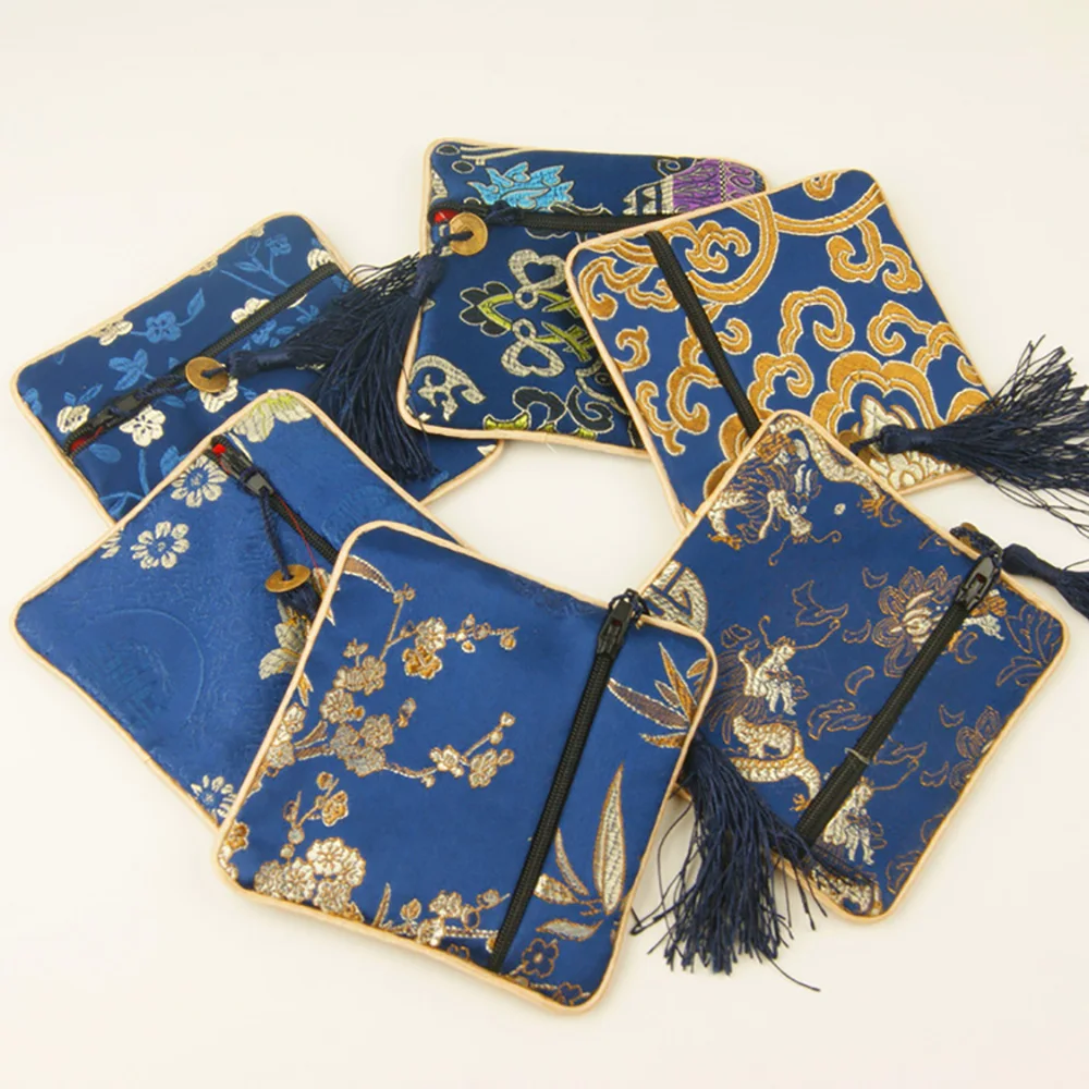 Dark blue Модные новые китайские шелковые парчи Кошельки для монет на молнии маленькая Ювелирная сумка с кисточками универсальная сумка для телефона подарки для детей - Цвет: Dark blue