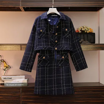 

HAMALIEL S-5XL Oversize Women Tweed Dress Fall Winter Plaid Single Breasted Short Weave Jacket Coat + Bow Vest Dress Skirt Set