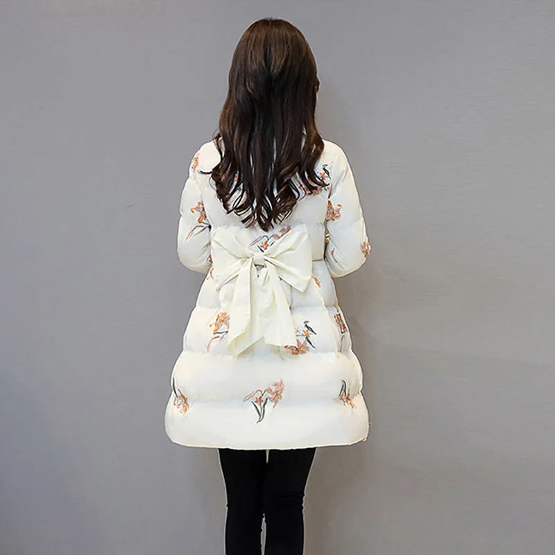

Short-height Floral-Print down Jacket Cotton-padded Clothes Women's 2018 New Style Winter Sweet Bow Slim Fit Cotton-padded Cloth