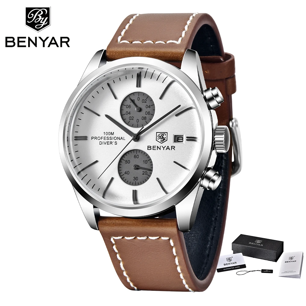 2022 New BENYAR Leather Men Quartz Wristwatches Luxury Brand 100M Waterproof Men Watch Military Sports Chronograph Watch for Men 