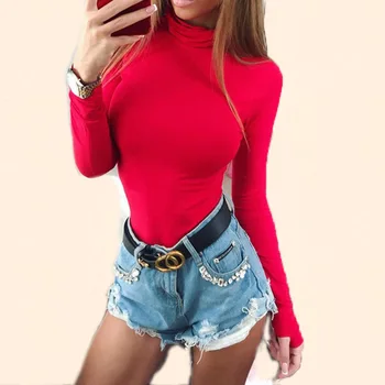 

2020 Women Long Sleeve Spring Jumpsuit Streetwear Party Playsuit Elastic Fit Tutleneck Jumper Woman Solid Color Female Bodysuit