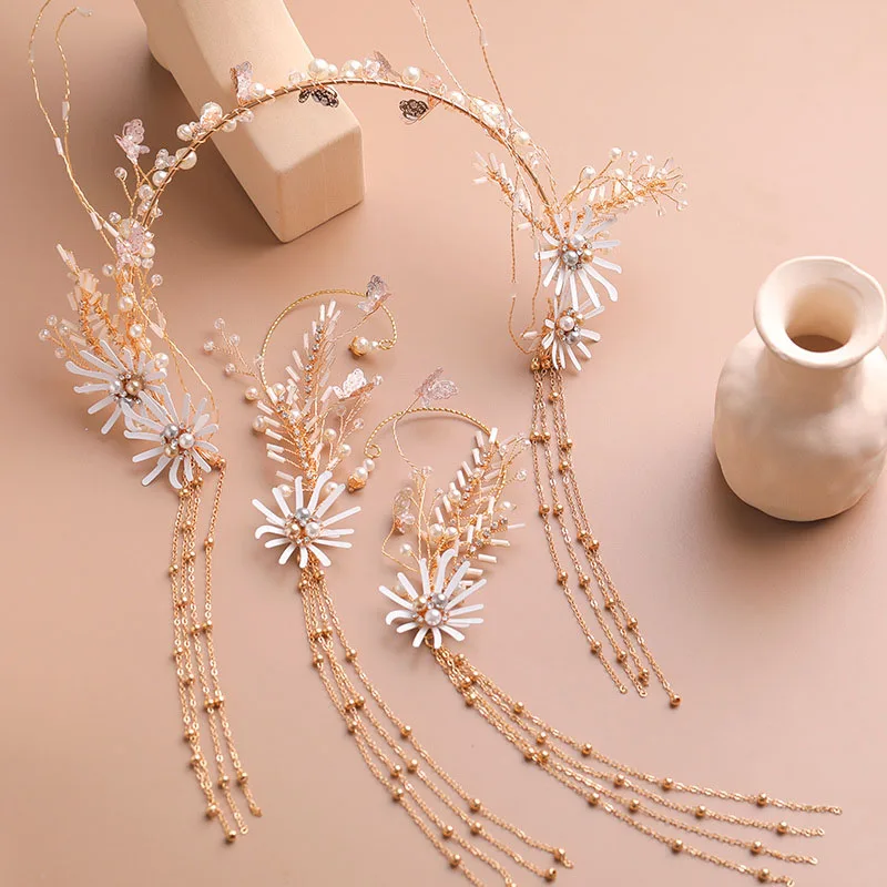 

White Flower Decorative Hairband Rhinestone Pearl Bridal Hair Accessories Fashion Earrings Drooping Tassel Headband Jewelry Sets