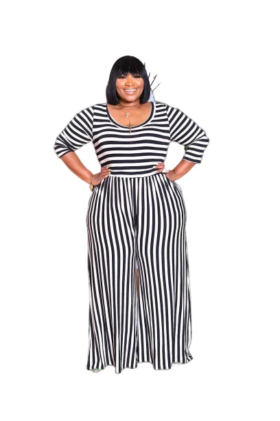 Summer Plus Size Women Casual Office Lady O-Neck Seven-Quarter Sleeve Loose Black And White Striped Jumpsuits OMFDM025