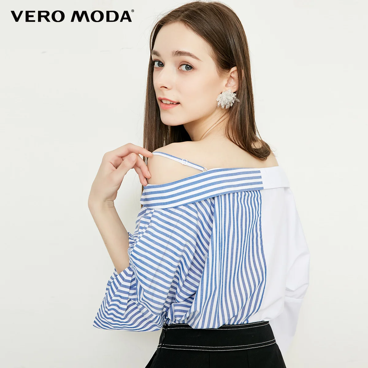 Vero Moda New Women's Loose Fit 3/4 Sleeves Striped Boat Neck Shirt | 318331532