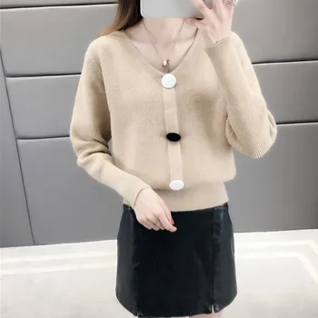 

Long Sleeve V Collar Bottoming Knit Sweater Women Fashion Casual Solid Color Button Slim Sweater