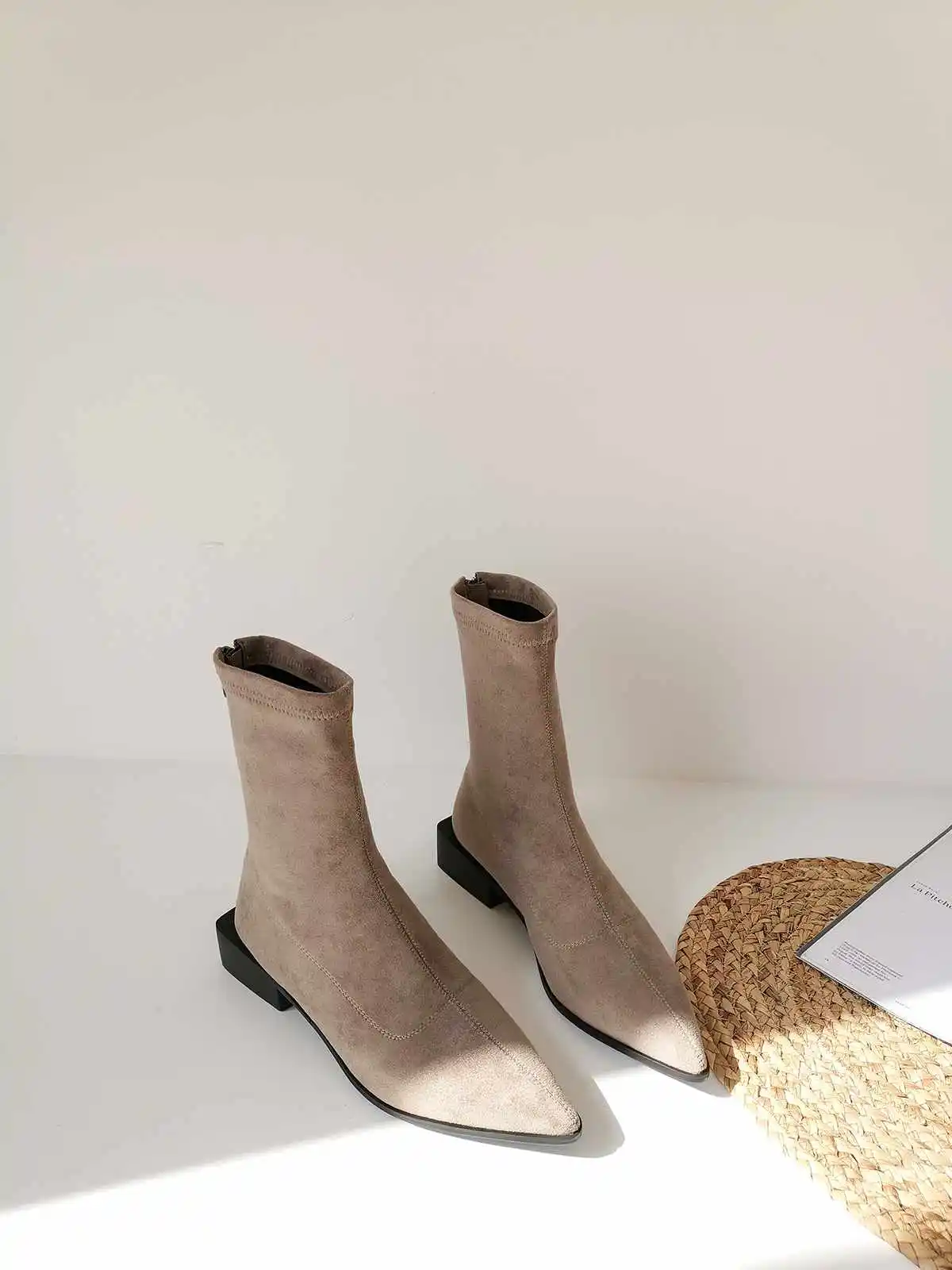 Bottes femme stretch boots women's leisure strange Chelsea boots flock square med heels mid-calf boots botas mujer