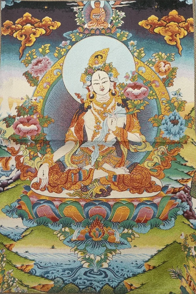 

36" Tibet Tibetan Embroidered Cloth Silk Buddhism White Tara Spirit of Compassion Goddess Tangka Thangka Mural Buddha Home Decor