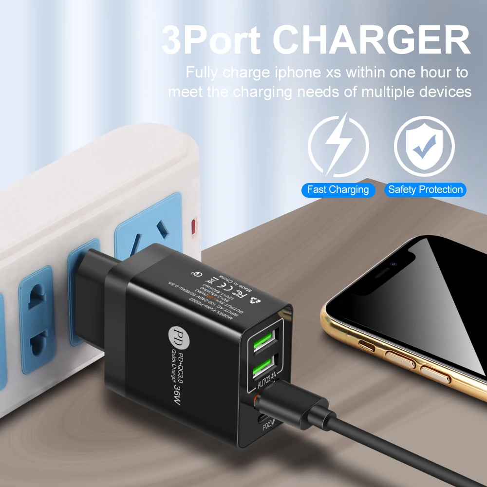 EU/US 4Ports USB PD Charger Quick Charge 5V 3.1A QC3.0 Fast Charging For iPhone Samsung Xiaomi Huawei Tablet Smart Phone Adapter baseus 65w