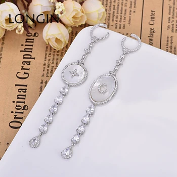 

LONGIN Europe And America Silver Color New Zircon Star Moon Earrings Luxury Fashion Asymmetric Water Drop Pearl Ms. Earrings