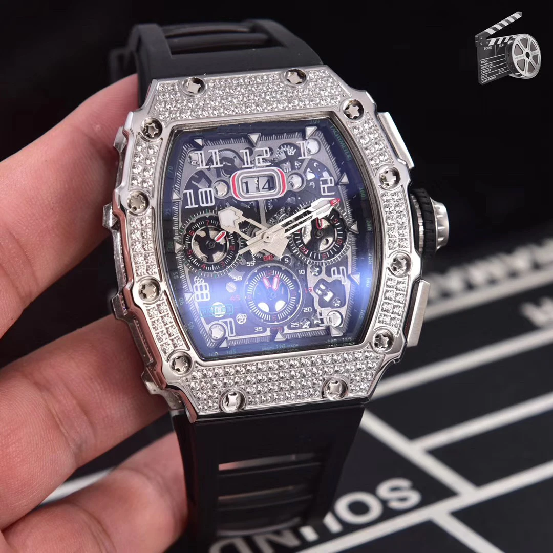 

Luxury Brand New Black Red Rubber Men Watch Sapphire Automatic Mechanical Silver Grey Full Iced Diamond Tourbillion Calendar AAA