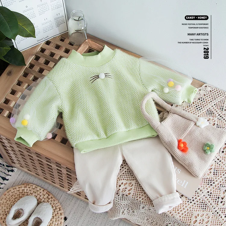 

High-End Western Style Korean-style Girls' Shirt Mink Cashmere Base Shirt Hot Sales Cat Puff Sleeve New Products Thick Tops