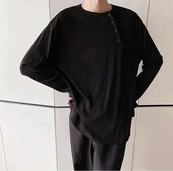

PX2326 Autumn simple cool style round neck button solid color t-shirt