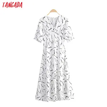 

Tangada fashion women stripe print white summer dress v neck short sleeve ladies zipper chiffon dress vestidos 2F28