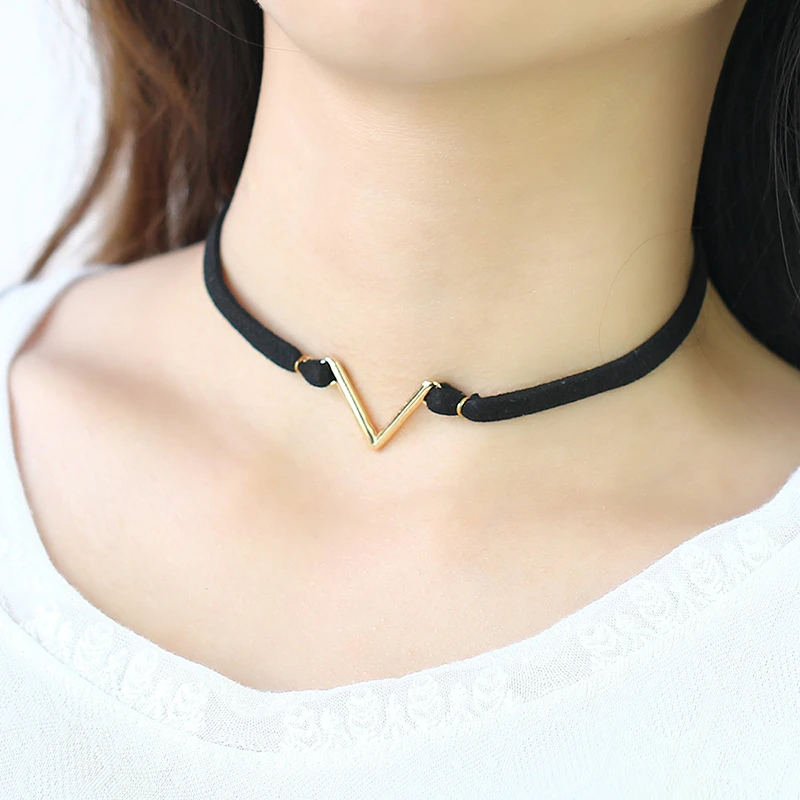 Gargantilla de letra V, collar de cuerda negra, Gargantilla de dorado, joyería sin cuello, Gargantilla de cuero, regalo novia|Collares tipo gargantilla| - AliExpress