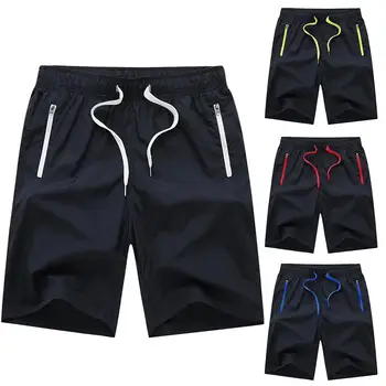 

Summer Men Casual Shorts Beach Sport Drawstring Fifth Pants Color Block Shorts with Zip