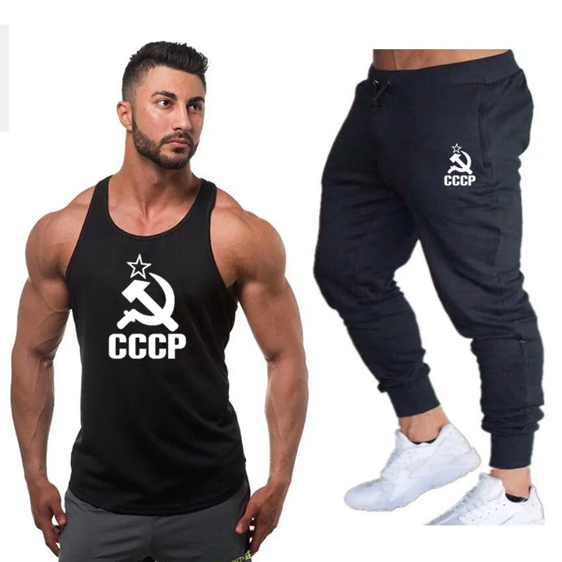 

New fashion cotton sleeveless shirts tank top+Pants men Fitness shirt mens singlet Bodybuilding workout gyms vest fitness Sets