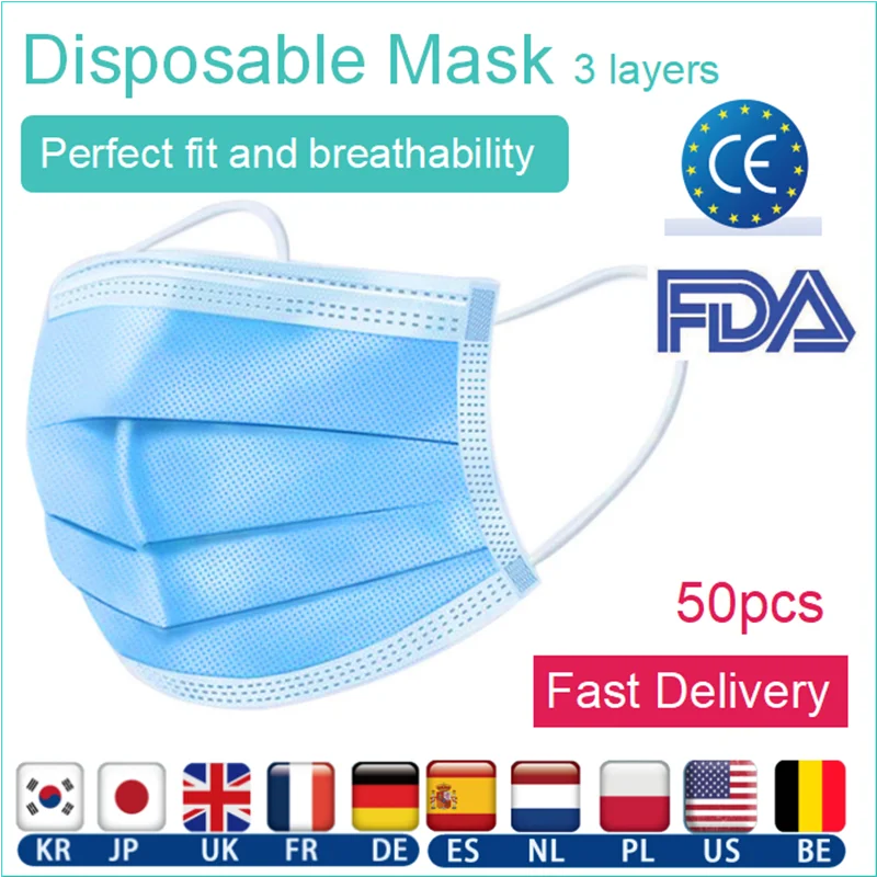 

50PCS Anti-Dust Disposable Protective Mask 3 Layers Dustproof Facial Masks Maldehyde Prevent Bacteria Mask with ce fda