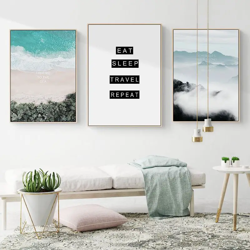 Ins Style Fresh Green Bus Fog Mountain Building Forest Sea Church Decorativo Canvas Wall Art Poster Per Office Room Cafe Decor