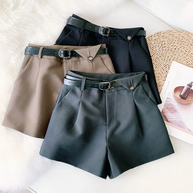 Wasteheart Autumn Black Gray Khaki Shorts Women High Waist Shorts Sexy Camel Bottom Zipper PU Sashes England Style Formal OL