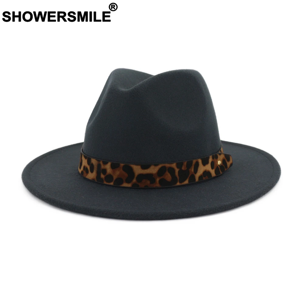 SHOWERSMILE, фетровые шляпы цвета хаки для женщин, шерстяная фетровая шляпа Трилби, Дамская леопардовая Женская Осенняя зимняя Ретро шляпа со свининой