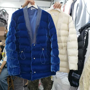 

2019 Autumn and Winter New Large V-neck Leather Stitched Velvet Down Cotton Padded Coat Women Retro Cotton Jacket Loose Outwear