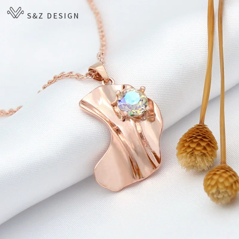 S&Z DESIGN New Fashion Elegant Simple Crystal Pendant Necklace For Women Curved Geometric Wave Metal Wedding Party Jewelry