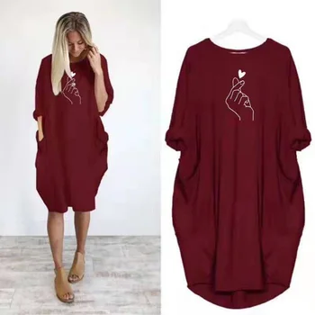 

5XL Heart Printing Women Vintage Dress Baggy Casual Plus Dress Loose Neck Spring Party Holiday Beach Oversize Bohemian Vestidos