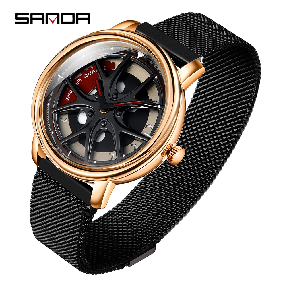 SANDA мужские часы, кварцевые, Лидирующий бренд, военные, в форме колеса, вращающийся циферблат, деловые мужские спортивные часы, водонепроницаемые, Relogio Masculino - Цвет: rose black
