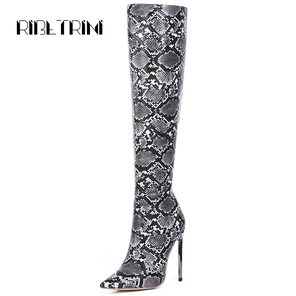 

RIBETRINI Shoes Woman 2019 Sexy Snakeskin Print Thin High Heel Party Boots Pointed Toe Knee High Boots For Women Big Size 33-45