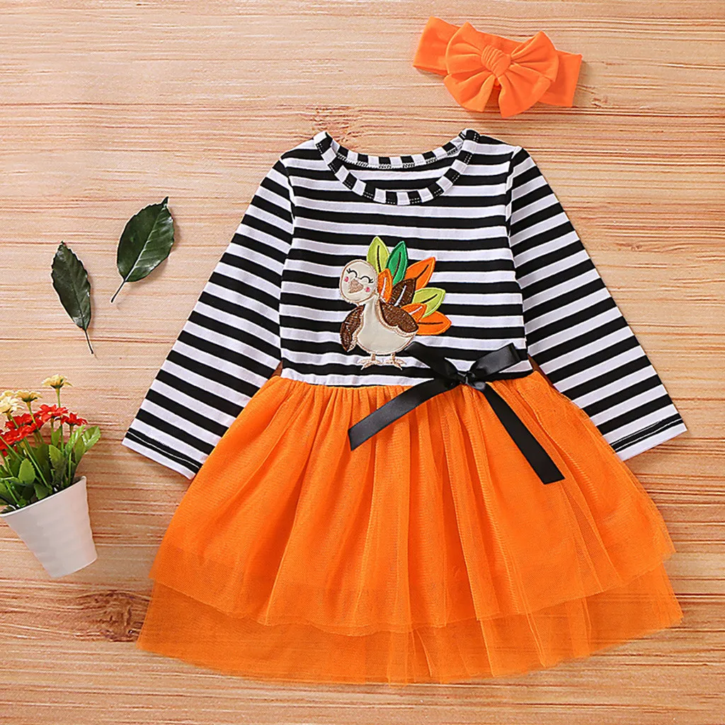 

Toddler Baby Girls Dress Thanksgiving Day Turkey Striped Tulle Dress+headband Outfits Princess Dresses Vestidochildren Clothing