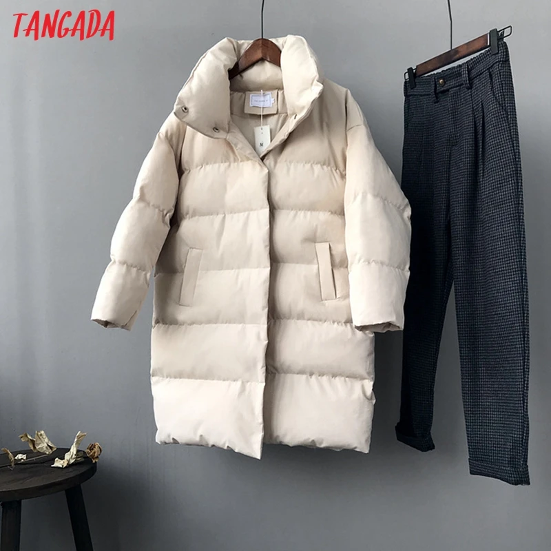 Tangada Women Solid Oversize Long Parkas Thick 2019 Long Sleeve Buttons Pockets Female Warm Winter Coat Korean Fashion ATC02