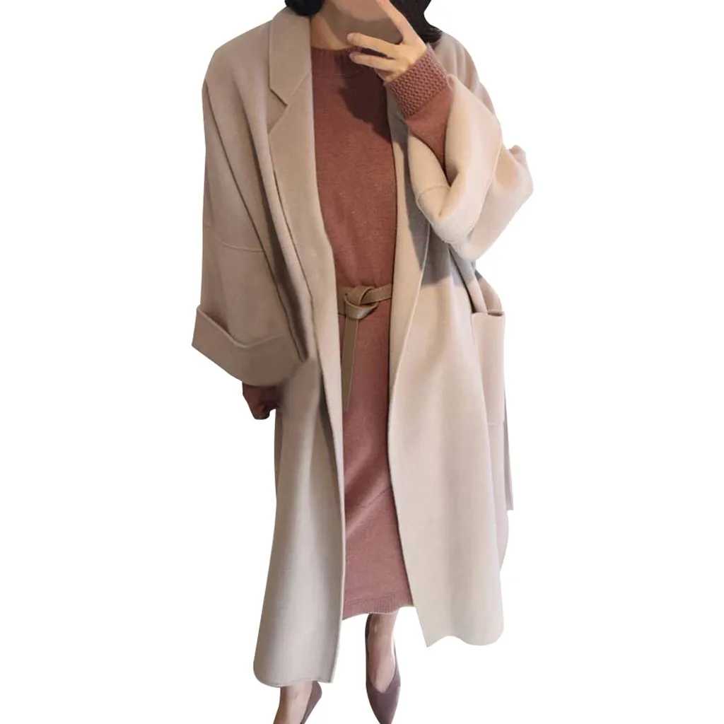 Beige Кардиган осень зима шерстяное длинное пальто размера плюс женские Пальто Повседневное зимнее пальто с поясом элегантное женское пальто casaco feminino - Color: Beige